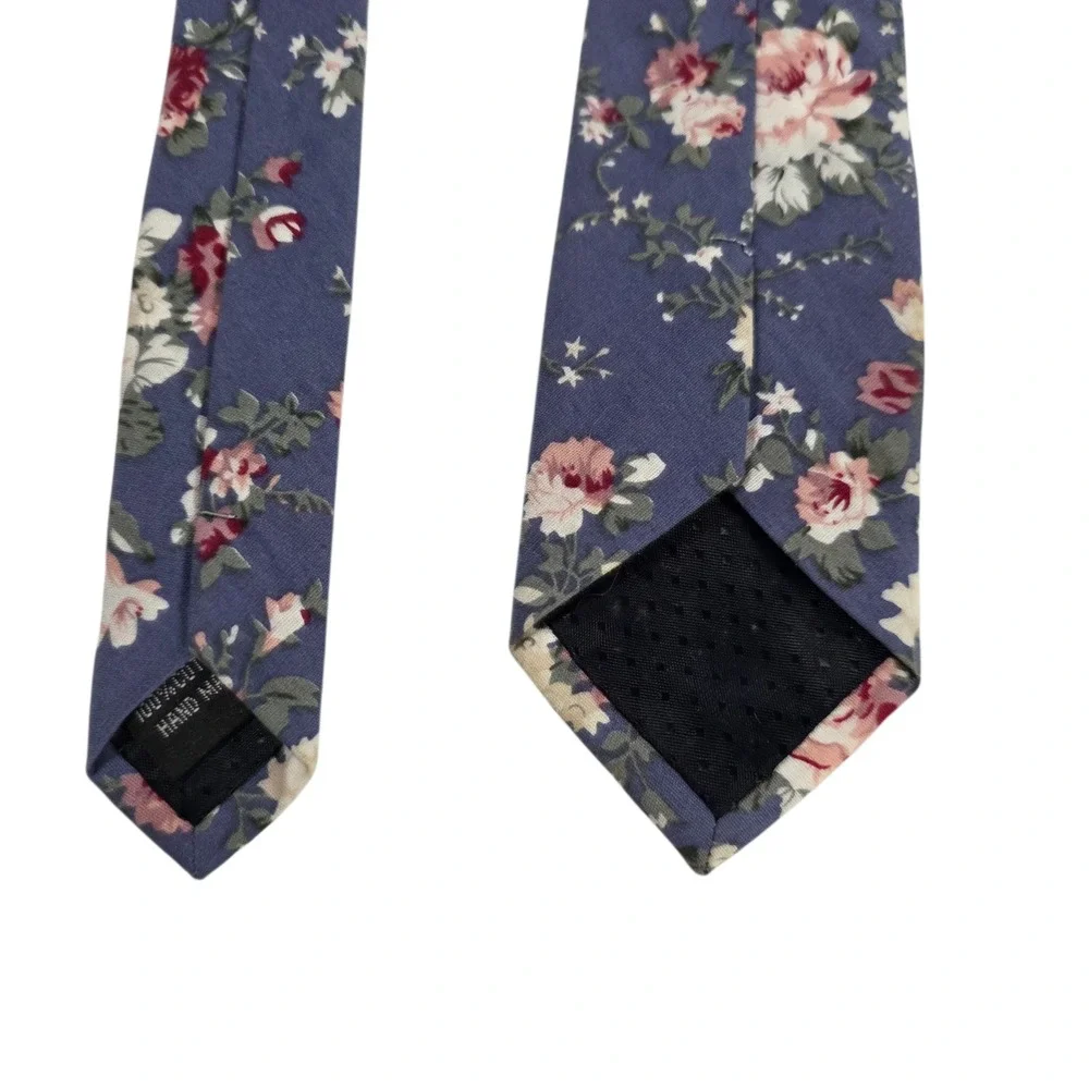 NM Nicks Mens‎ Necktie Blue Cotton Skinny Floral Pattern Handmade Novelty Casual